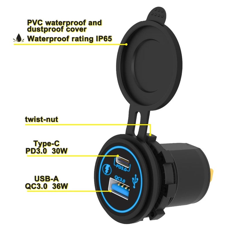 Bluejw 66W Dual Port Car Charger: 36W QC3.0 USB A + 30W USB C PD Fast Charging for 12V/24V Automobile Chargers, Bus, Truck - Quick Charge Outlet Socket - Image 3